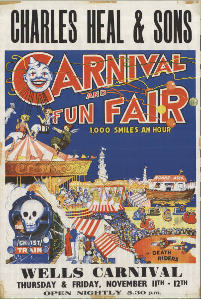 Poster for Charles Heal & Sons Carnival and Fun Fair 1,000 smiles an hour. Poster left blank for overprinting. Circa 1930.