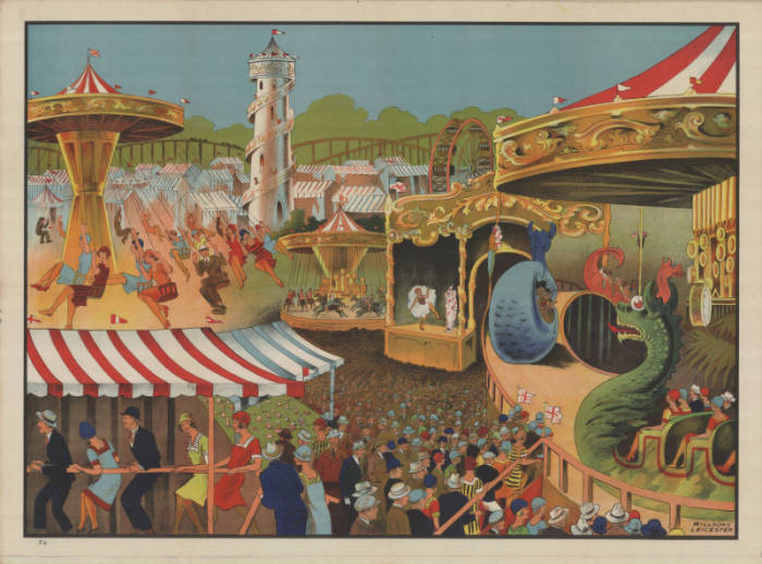 Colour lithographic poster of fair scene featuring swing chairs, Gallopers, cake walk, Pierrots and dragon ride. Circa 1930.
