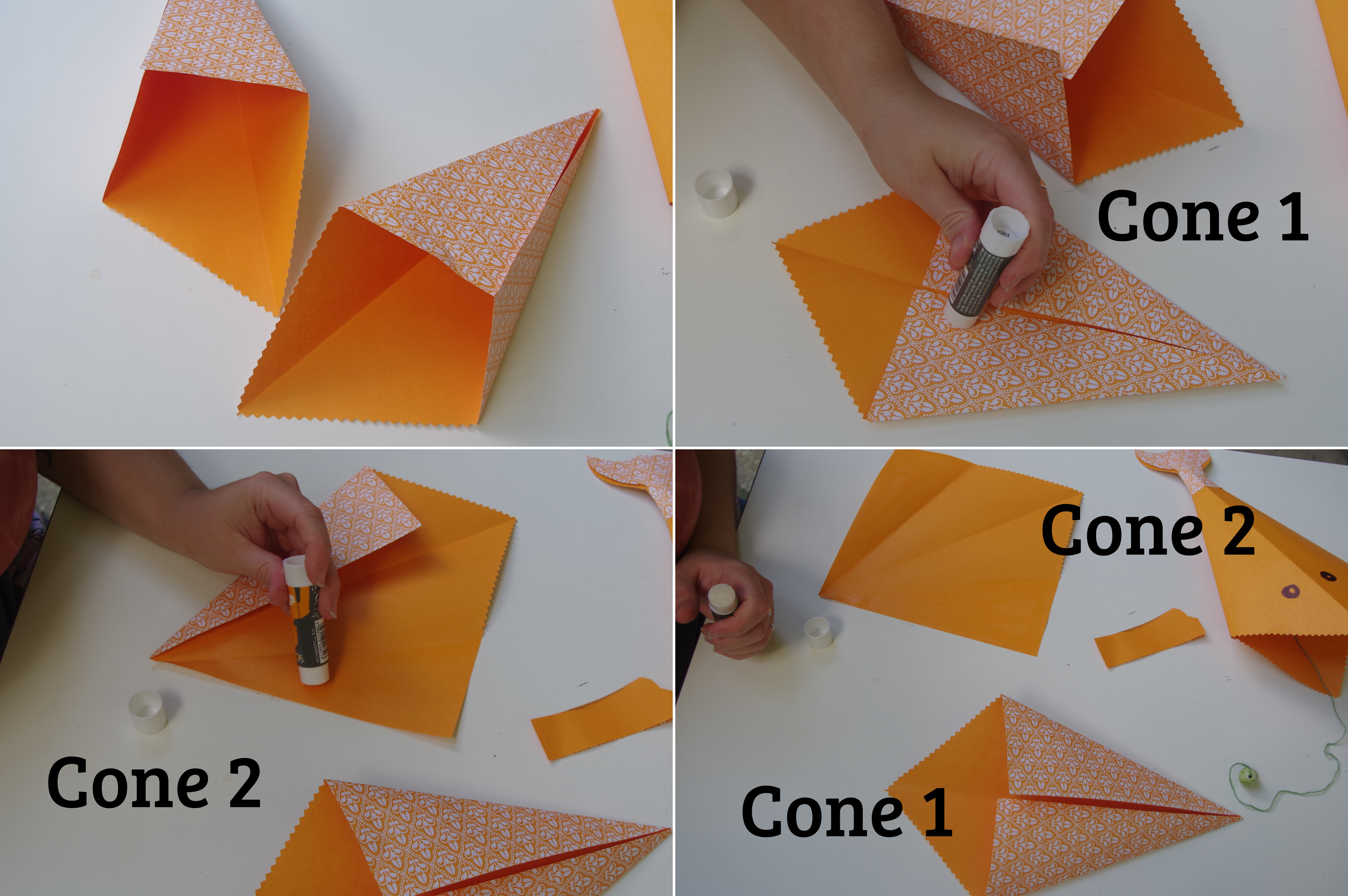 4 images of the process of gluing the orange paper cone into place