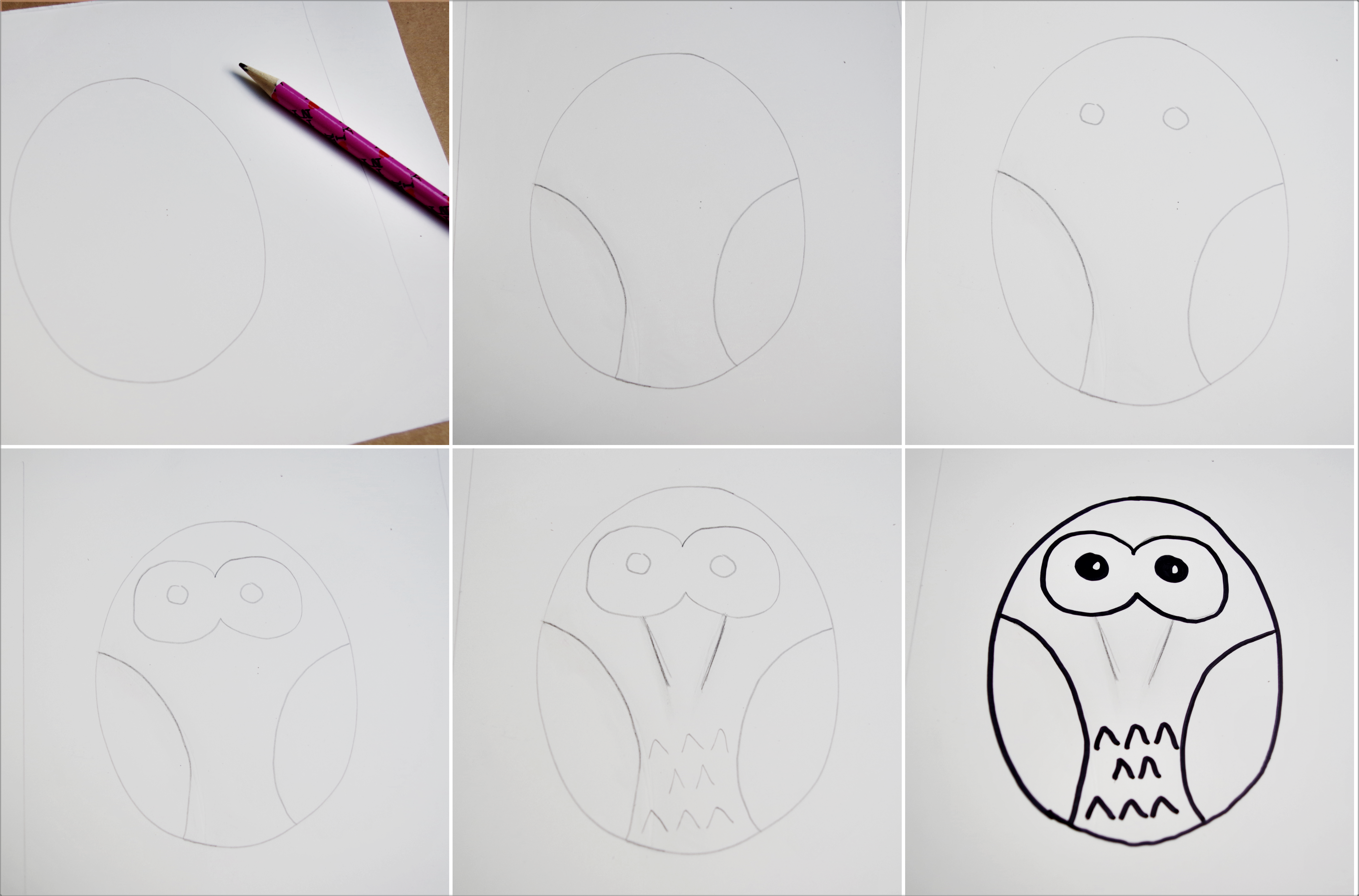 A progression of doodling a cute little owl, first with a pencil, then outlining in ink. The owl is egg-shaped and has round eyes and little feathers on its chest. 