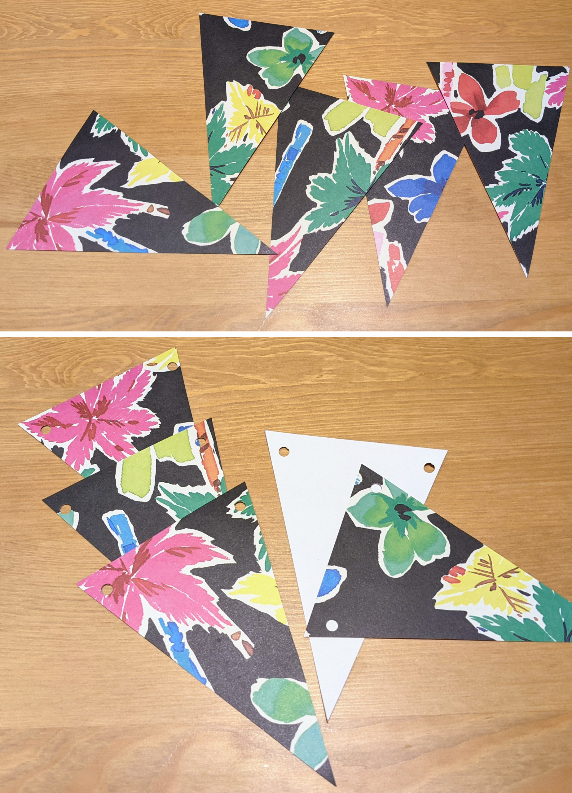 Cut triangle bunting pieces have small holes added to their upper two corners