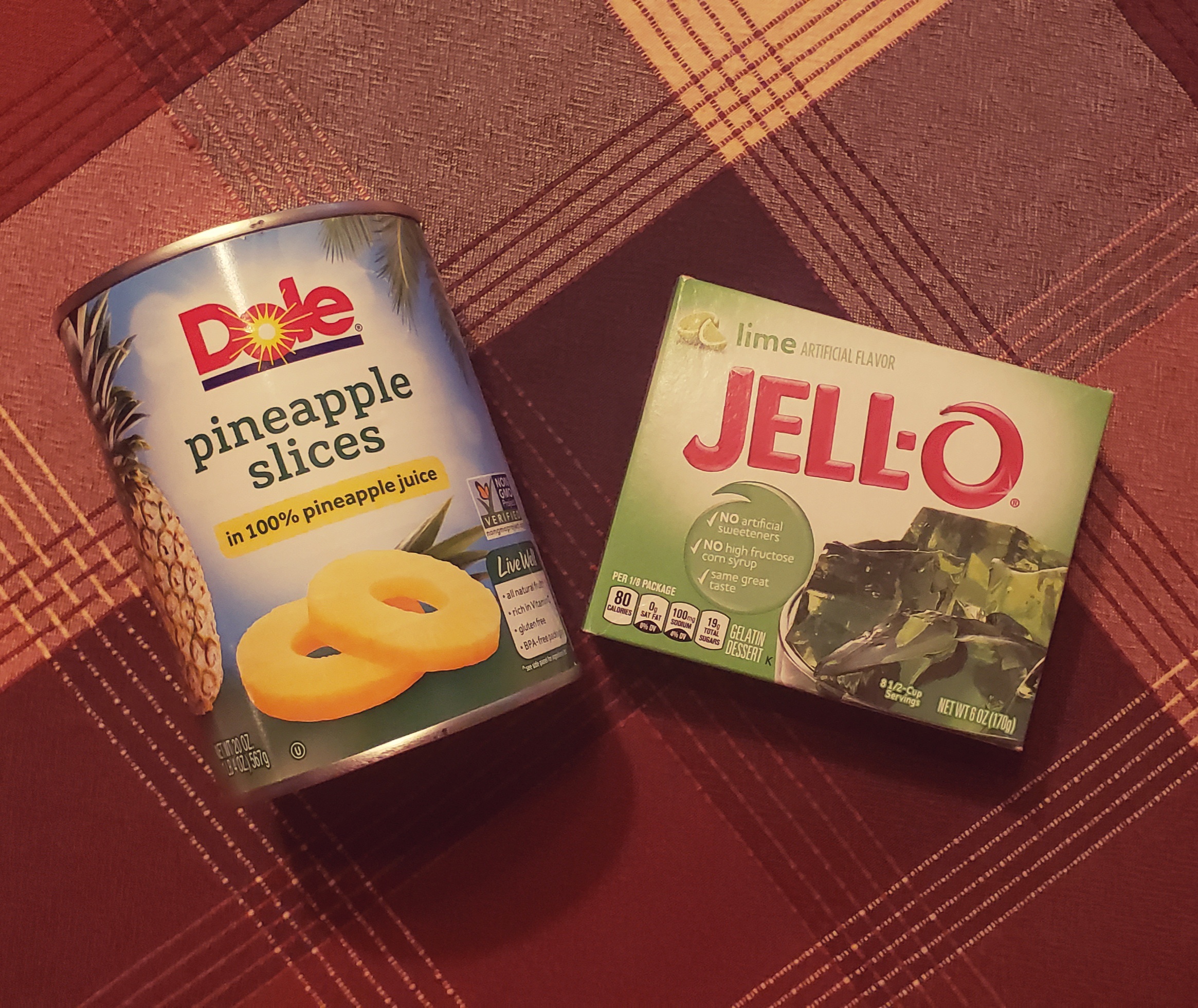 a large can of pineapple rings and a box of lime jell-o