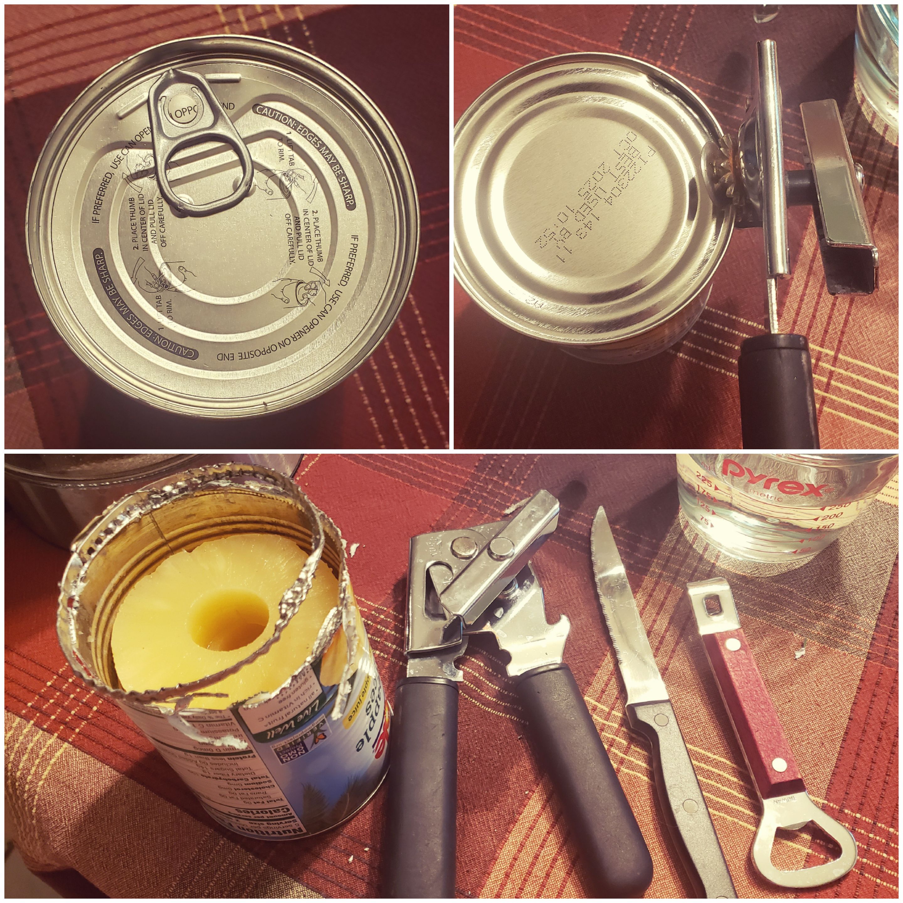 the pineapple can is flipped and cut from the bottom, and the juice drained