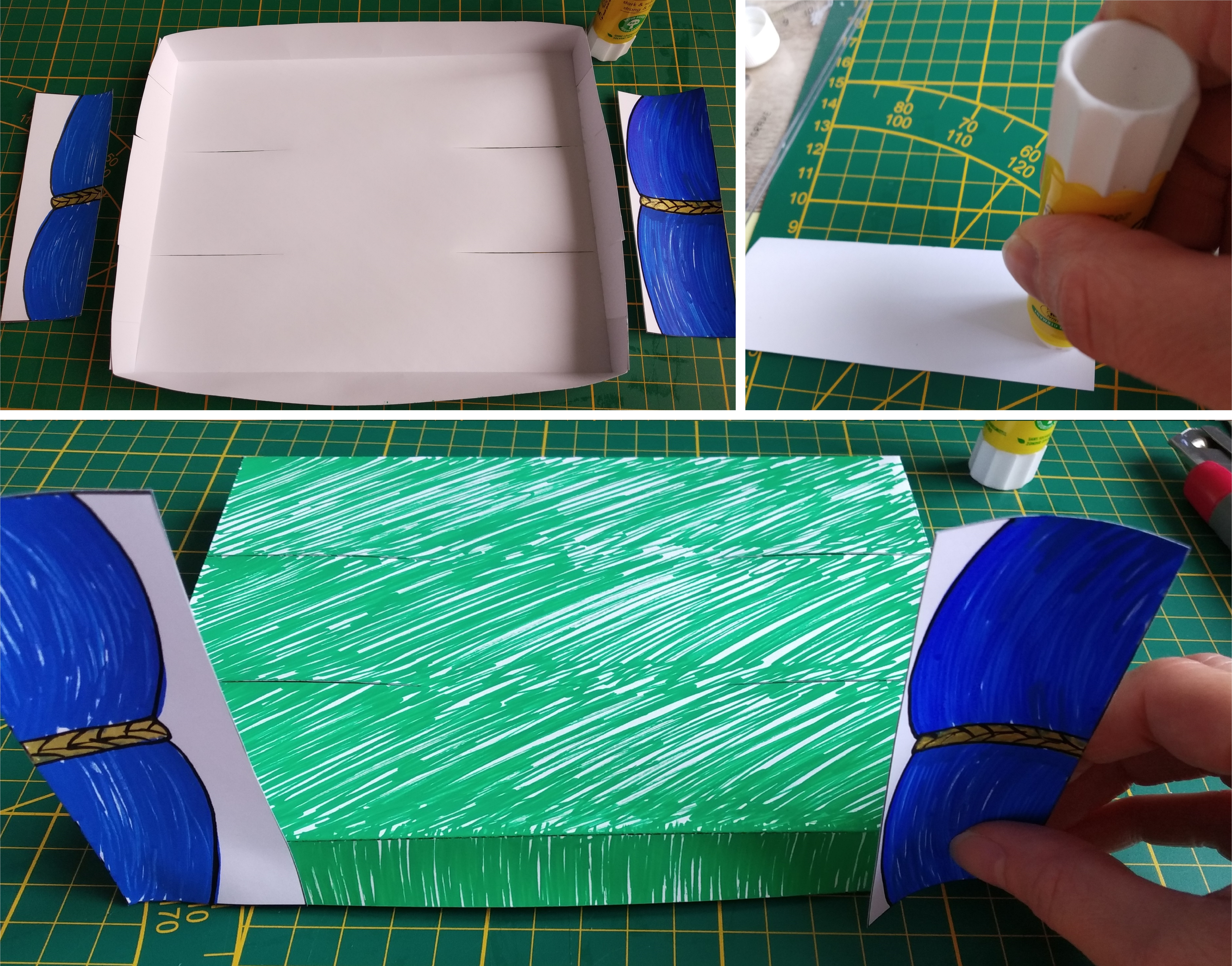 three images of a paper theater base which has been painted green; a gluestick is used to attach the paper "curtains" to the front corners of the stage