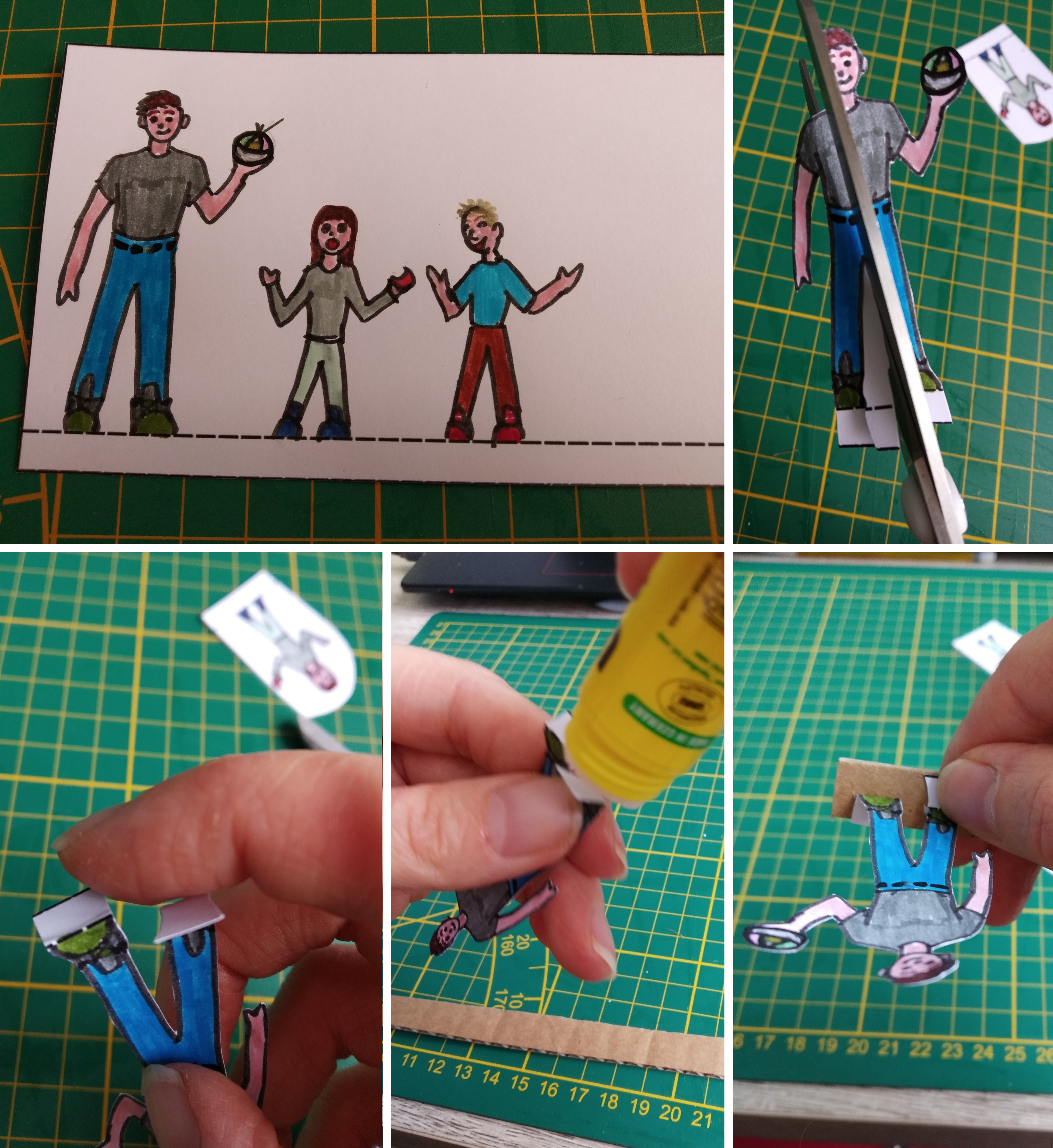 paper characters are drawn and cut before being placed on the stage