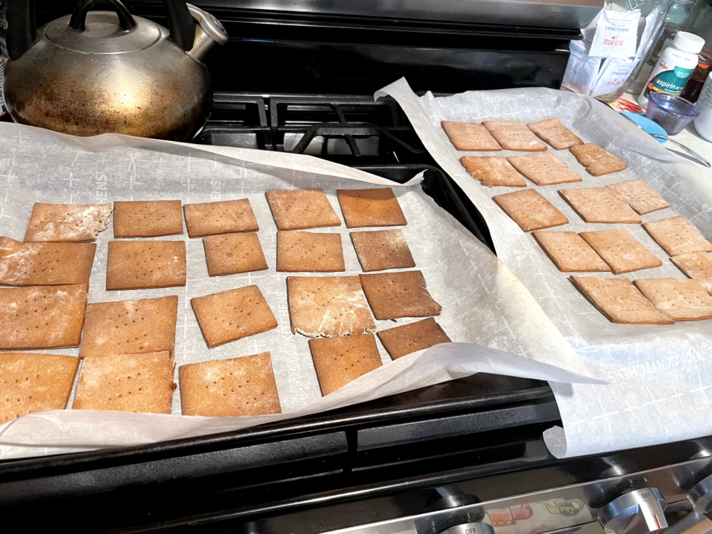 baked graham crackers on the baking sheet