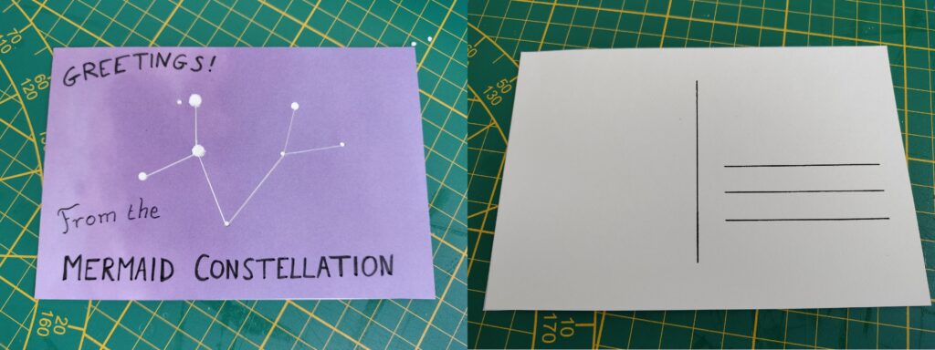 the two layers of cardstock glued together with address lines added to the white side to make it a postcard