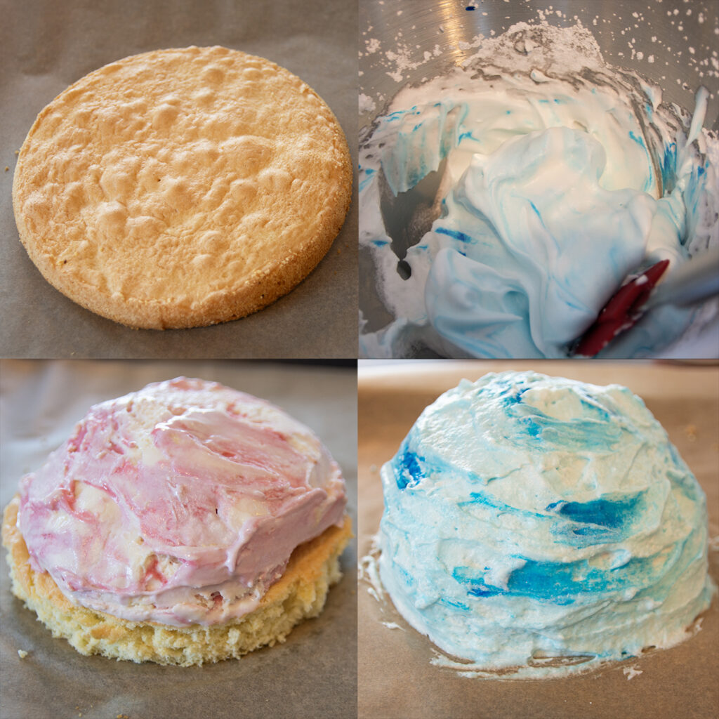 assembling the treat from the cake in upper left to layering the filling until it makes a ball in lower right