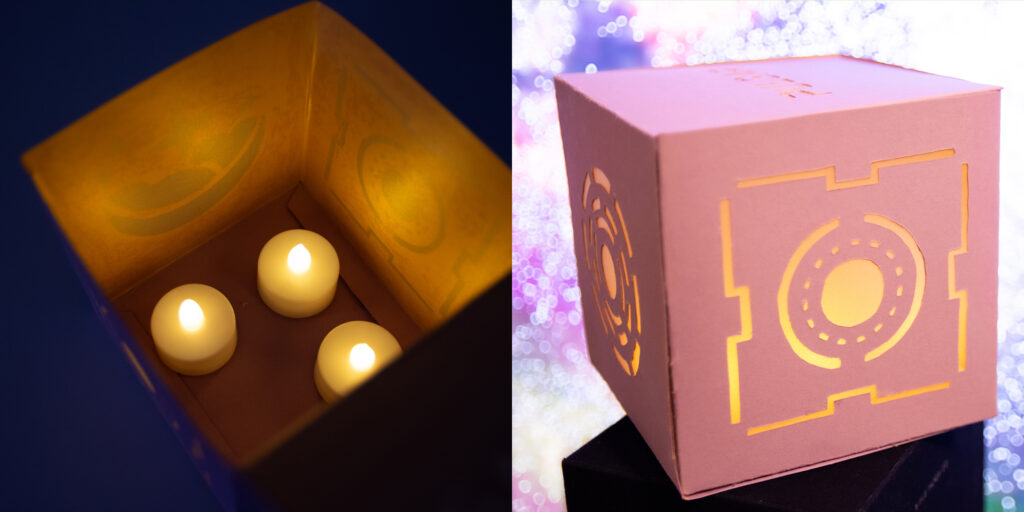 side by side photo of the the finished project; one side has small battery-operated candles inside that glow in darkness and the other is the cube in daylight with the inside glowing gently