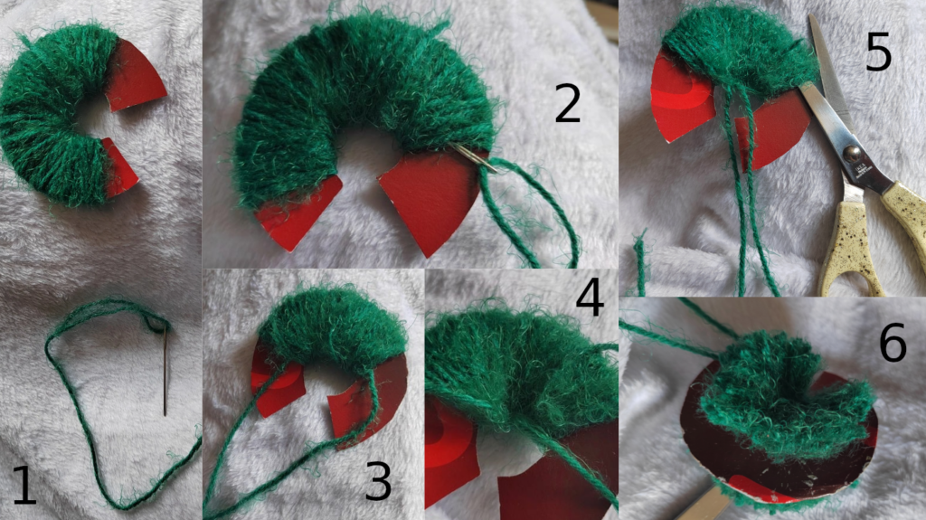 green yarn is wrapped around a circle pompom form