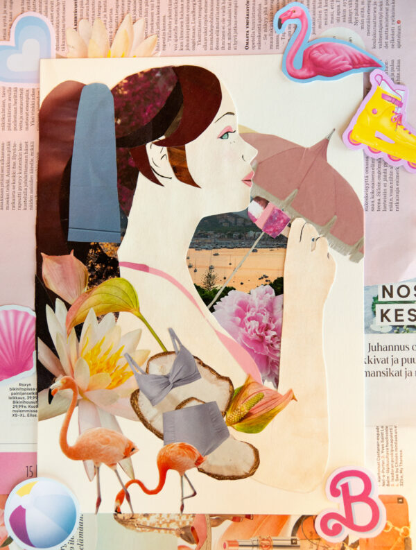 A photo of the final collage. It portrays a side profile of a brunette woman with her hair tied up in a blue ribbon. She wears a pink bikini and is holding an ice cream. Photos used in the collage are several flowers, a sunset photo of water, a pink parasol, a blue bikini, pieces of coconut, and two flamingos. The photo is taken on several pages of magazines and with illustrations from Troop Sunset beachsicle stick decorations.