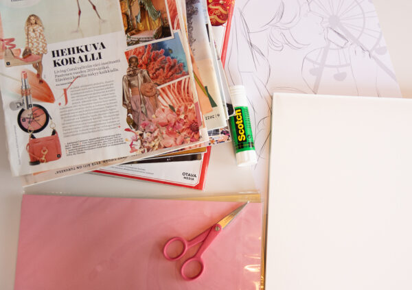 Supplies for the collage. Pictured are some magazines, cardstock, watercolor paper, a glue stick, scissors, and a sketch of the collage concept.