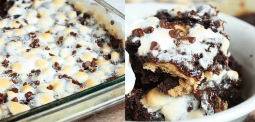side-by-side images of the dump cake complete and with a piece cut out: the left-side image shows a baking dish with whipped topping over a chocolate layer with choc chips over; the right-side image shows a piece removed so the layers of chocolate pudding and graham cracker are exposed like a delicious chocolate smores lasagna 