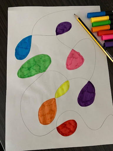 the closed loops of the drawing are filled in with colorful markets 