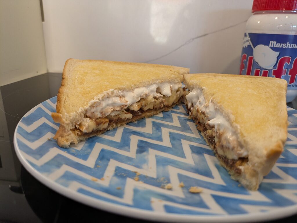 cut-in-half sandwhich with ooey-gooey layers coming out
