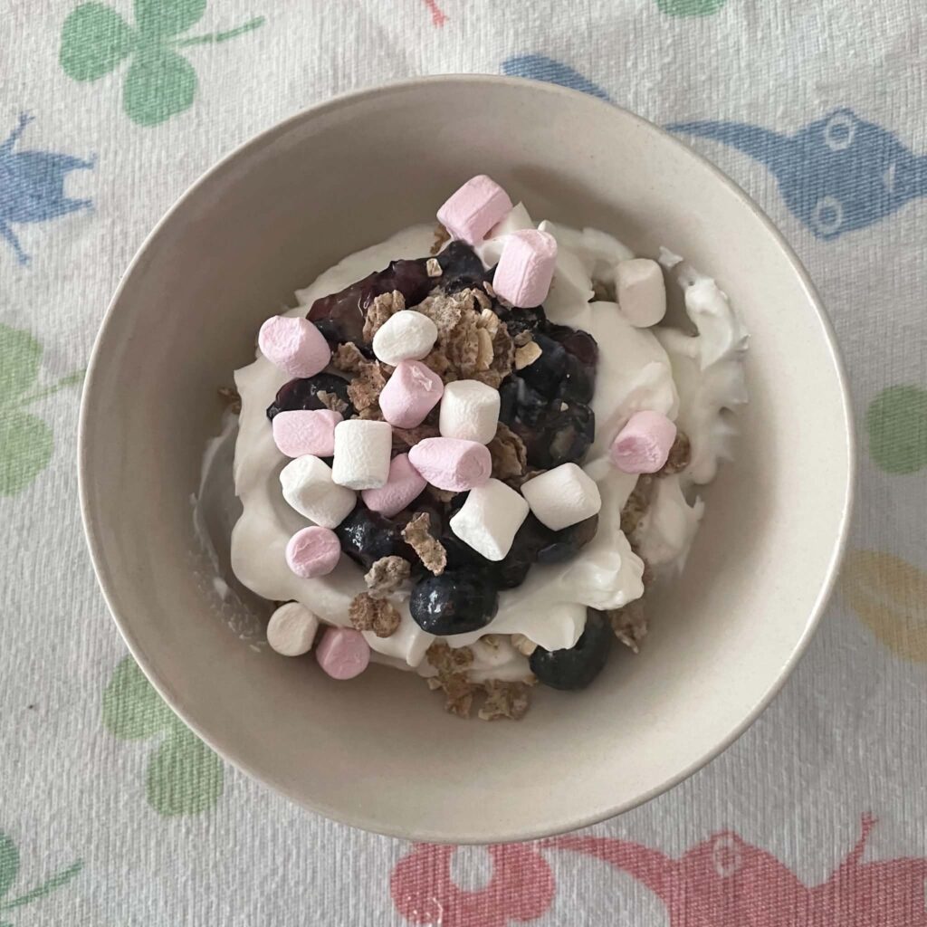 small bowl of yoghurt with marshmallows, choc chips and granola on top